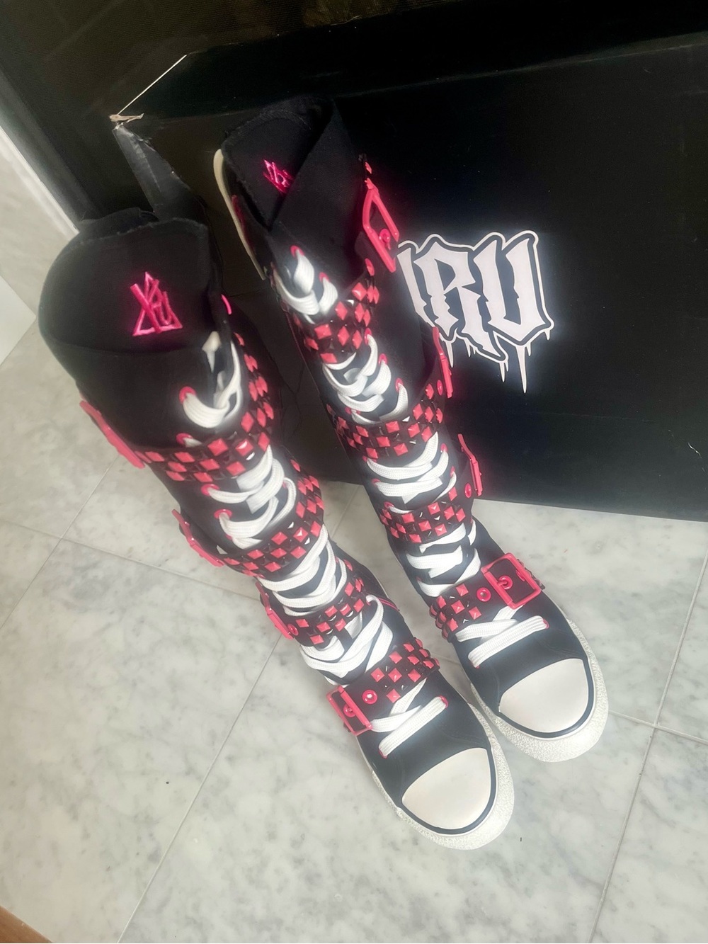 YRU pink rawr XD stud buckle straps knee high converse inspired size 7